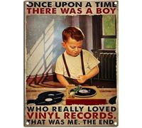 AZOLID Metal Signs Once Upon A Time There Was A Boy Who Really Love Vinyl Records Tin Signs Vintage Bar Club Cave Home Kitchen Wall Decor Rustic Sign Funny Decor 14X20CM