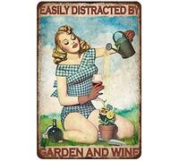 AZOLID Metal Tin Signs Easily Distracted by Garden and Wine Tin Sign Vintage Bar Club Cave Home Kitchen Wall Art Decor 20X30CM