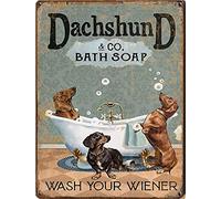 AZOLID Vintage Tin Sign Funny Dachshund & Co. Bath Soap Wash Your Wiener Tin Sign Wall Art Metal Poster for Home Bar Cafe Garage Bathroom 30x20CM
