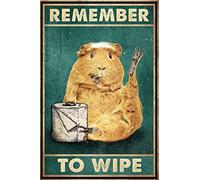 AZOLID Vintage Tin Sign Funny Remember To Wipe, Guinea Pig Tin Sign Wall Art Metal Poster for Home Bar Cafe Garage Bathroom 30x20CM