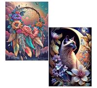 Azonelife 2 Pack Diamond Painting Set DIY Diamond Art Painting Kits Full Drill Diamond Painting Set Rhinestone Crystal Embroidery Crafts Paintings by Numbers for Home Decor, Gifts(Cat,Dreamcatcher)