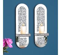 Azonsdop Silver Mirrored Candle Sconces, 2 Pack Crystal Candle Holders with Acrylic Crushed Diamond, Wall Decorations for Living Room，Dining Room, Home Décor