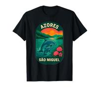 Azores São Miguel Dolphin Family Ocean Sunset Badge T-Shirt