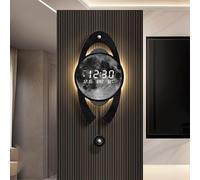 AZQOHMIS 3D Moon Wall Art Decor Clock with LED Digital Display, Modern Silent Decorative Wall Clock, Wabi-Sabi Aesthetic Pendulum Wall Sculpture for Living Room Entrance Office