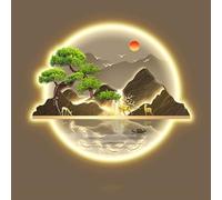 AZQOHMIS Modern Oriental LED Wall Art Sculpture, Large Round Landscape Painting with Light for Living Room, Entrance, Corridor Decor
