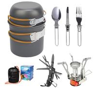 Azragon 8-in-1 Camping Utensil Set with Multitool Pocket Tools & Mini Stove | Camping Cooking tableware Kit with Bowls, Spork, Storage bag for Hiking/Camping/Fishing (Yellow)