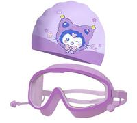 Azragon Kids Swim Goggles with Ear Plugs & Swim Cap Set - Anti-Fog, Leakproof, UV Protection, Wide View for Boys & Girls Swimming Lessons, Water Play (Includes Fun Cartoon Cap) (紫色)