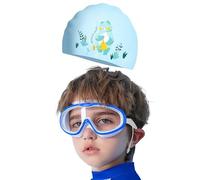 Azragon Kids Swim Goggles with Ear Plugs & Swim Cap Set - Anti-Fog, Leakproof, UV Protection, Wide View for Boys & Girls Swimming Lessons, Water Play (Includes Fun Cartoon Cap) (白蓝色)