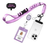 Azrra Adjustable Crossbody Cell Phone Lanyard for iPhone with Phone Tethers & Retractable ID Badge Card Holder (Purple)