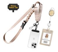 Azrra Adjustable Crossbody Cell Phone Lanyard for iPhone with Phone Tethers & Retractable ID Badge Card Holder (Beige)