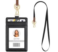 Azrra Lanyards for id ID Badges, Lanyard with 1 ID Holder and 4 Credit Card Slots, Vertical PU Leather Badge Holder with a Detachable Neck Strap, Black