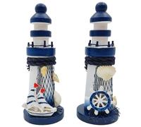 AzsVbvs 2 PCS Mini Lighthouse Decor, Handcrafted Wooden Miniature Lighthouse Model, Mediterranean Style Ornament, Ocean Tabletop Light House Decorations for Home