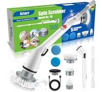 Aztarr Electric Spin Scrubber Cordless Shower Cleaner Bathroom Cleaning Brush Scrubbing with Tool Free Adjustable Extension Arm and 5 Replaceable Heads for Tile Tub Kitchen Floor Bathroom, White