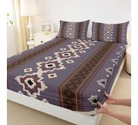 Aztec Bohemian Fitted Sheet Double Size Vintage Geometry Exotic Bedding Set for Adults Bedroom Tribe Ethnic Style Bed Sheet Set 3pcs Brown Purple Red Deep Pocket Mattress Cover,No Top Flat