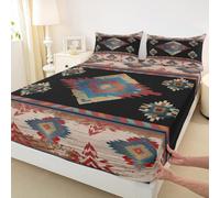 Aztec Bohemian Fitted Sheet Single Size Vintage Exotic Bedding Set for Adults Bedroom African Tribe Exotic Nordic Style Bed Sheet Set 2pcs Red Black Deep Pocket Mattress Cover,No Top Flat