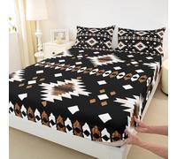 Aztec Boho Style Fitted Sheet Single Size Ethnic Rustic Bedding Set for Adults Bedroom Western Tribal Bed Sheet Set 2pcs Brown Black White Deep Pocket Mattress Cover,No Top Flat