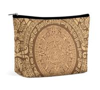 Aztec Calendar Mayan Sun Stone Portable Cosmetic Bag Multifunction Storage Pouch PU Makeup Bag, Stationery Organizer with Zipper for Reunion Office