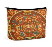 Aztec Calendar Mayan Sun Stone Portable Cosmetic Bag Multifunction Storage Pouch PU Makeup Bag, Stationery Organizer with Zipper for Reunion Office