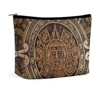 Aztec Calendar Mayan Sun Stone Portable Cosmetic Bag Multifunction Storage Pouch PU Makeup Bag, Stationery Organizer with Zipper for Reunion Office, Style