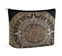 Aztec Calendar Mayan Sun Stone Portable Cosmetic Bag Multifunction Storage Pouch PU Makeup Bag, Stationery Organizer with Zipper for Reunion Office