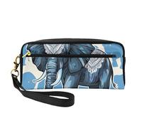 Aztec Elephant Printed Leather Makeup Bags with Wrist Strap Portable Travel Toiletry Bag Cosmetic Organizer Bag for Women