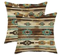 Aztec Pattern Pillow Covers Set of 2, Brown Turquoise Geometric Throw Cushions for Fall Rustic Home Decor, Stylish Accents for Sofa Couch Bedroom 20x20 Inch