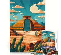 Aztec Pyramid Illustration Teotihuacan Jigsaw Puzzle 1000 Piece for Teenagers Think Training Time Well Spent Defined Edges Festive Present (38x26cm)