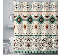 Aztec Shower Curtain for Bathroom, Southwestern Native Tribal Navajo American Ethnic Abstract Triangular Geometric Vintage Bath Curtains, Boho Fabric Bathroom Decor Set with Hooks, 69x70 Beige