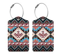 Aztec Tribal Geometric Pattern Leather Luggage Tags for Suitcases 2 Pack Funny Privacy Cover Travel Pu Leather Name Id Labels with Stainless Steel Loop for Women Men