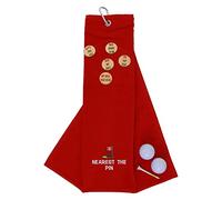 aztex Funny Trifold Golf Towel and Comedy Wooden Ball Marker Set Gift for Men, Carabiner Clip for Golf Bags, Nearest The Pin, Red