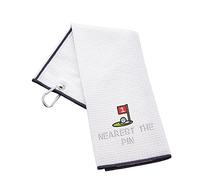 aztex Funny Trifold Golf Towel Golf Gift for Men, Carabiner Clip for Golf Bags, Golf Present, Nearest The Pin, Waffle White