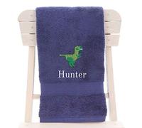 aztex Personalised Children's 100% Cotton Bath Towel with Dinosaur Logo & Name, 550gsm, 70cm x 130cm - Navy Blue