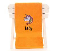 aztex Personalised Children's 100% Cotton Bath Towel with Unicorn Logo & Name, 550gsm, 70cm x 130cm - Orange