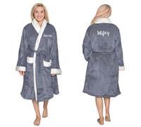 aztex Personalised Unisex Sherpa Dressing Gown - Premium Embroidered Sherpa Lined Soft & Cosy Below Knee Bathrobe with Pockets and Tie - Luxurious Housecoat, Slate L/XL