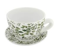 Azuma Teacup Planter with Saucer - Eucalyptus Loral Design Ceramic Pot for Herbs, Flowers & Bulbs - 24cm Indoor/Outdoor Use - Cottage Garden Gift for Gardeners Ceramic Cup & Saucer Design