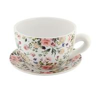 Azuma Teacup Planter with Saucer -Floral Rose Design Ceramic Pot for Herbs, Flowers & Bulbs - 24cm Indoor/Outdoor Use - Cottage Garden Gift for Gardeners Ceramic Cup & Saucer Design