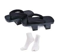 Azumasun Japanese Wooden Clogs with Tabi Socks For Men Women, Black, 7-8