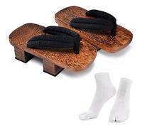 Azumasun Japanese Wooden Clogs with Tabi Socks For Men Women, Brown&black, 10-11
