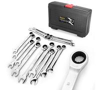 AZUNO Ratchet Spanner Set, 14-Piece Metric & SAE Combination Spanners, Chrome Vanadium Steel with Deluxe Case