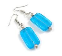 Azure Lagoon - Light Blue Glass Bead Dangle Earrings - 60mm Long, Rectangular Shape