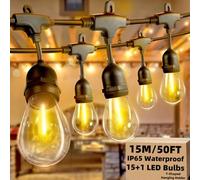 AzureStar Outdoor String Lights 15M/50FT IP65 Festoon Lights Outdoor Mains Waterproof Outside Lights with 15+1 Shatterproof 2700K S14 E27 Bulbs for Garden Pergola Backyard, Linkable