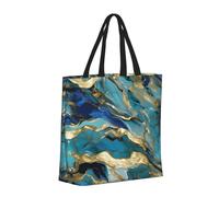 Azurite Teal And Foil Gold Oil Marble Pattern Basic Models Tote Bag With Zipper With Inner Pockets,Laptop Work Tote Bag For Sport,Travel