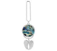 Azurite Teal and Foil Gold Oil Marble Pattern Car Pendant, Rear View Mirror Hanging Ornament, Auto Decor for Rearview Mirror, Keychain Silver-Style