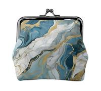 Azurite Teal and Foil Gold Oil Marble Pattern Full Double-Sided Printed Pattern Women's and Girls' Fashionable Leather Kiss Lock Coin Purse Card Bag