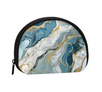Azurite Teal and Foil Gold Oil Marble Pattern Full Format Printed Polyester Portable Mini Storage Bag Shell Shaped Wallet Small Coin Wallet Shell Storage Bag