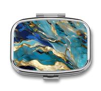 Azurite Teal and Foil Gold Oil Marble Pattern Pill Box 2 Compartment, Portable Pill Case with Mirror for Pocket Purse Travel, Mini Metal Medicine Organizer for Vitamins Fish Oil