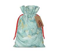 Azurite Teal and Foil Gold Oil Marble Pattern print Christmas Packing Bag Linen Bags with Drawstring Funny Wedding Present Bag