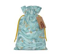 Azurite Teal And Foil Gold Oil Marble Pattern Print Drawstring Gift Bags,For Holiday Season,Birthdays,Anniversaries And Any Special Occasion