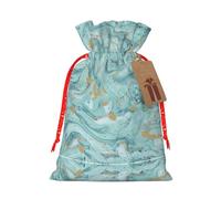 Azurite Teal And Foil Gold Oil Marble Pattern Print Drawstring Gift Bags,For Holiday Season,Birthdays,Anniversaries And Any Special Occasion