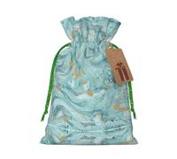 Azurite Teal And Foil Gold Oil Marble Pattern Print Drawstring Gift Bags,For Holiday Season,Birthdays,Anniversaries And Any Special Occasion